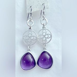 Designer Signed BB Modern Pierced Dangle Earrings Silver Tone with Purple Stone